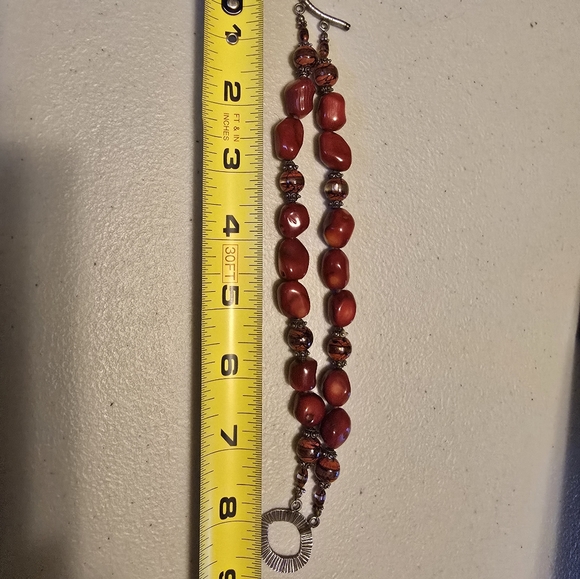 Red Coral and Marcasite Bead Bracelet - Sterling tone Silver Toggle Clasp - - Picture 4 of 7